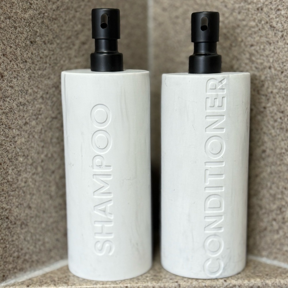 Modern White Marble Shampoo and Conditioner Dispenser Set